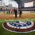 Lyle Lovett and Luke Bulla play the national anthem before the Houston Astros play the Texas Rangers on opening night in Houston