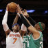 New York Knicks forward Carmelo Anthony (7) fends off Boston Celtics guard Jason Terry (8) and forward Paul Pierce, right, during the first half of Game 1 in the first round of the NBA basketball playoffs at Madison Square Garden in New York, Saturday, April 20, 2013.  (AP Photo/Kathy Willens)