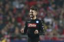 Napoli's Dries Mertens celebrates after scoring during the Champions League group B soccer match between Benfica and Napoli at the Luz stadium in Lisbon, Portugal, Tuesday, Dec. 6, 2016. (AP Photo/Steven Governo)