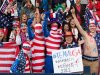 U.S. supporters cheer during the group G women's soccer match between the United States and Colombia at the London 2012 Summer Olympics, Saturday, July 28, 2012, at Hampden Park Stadium in Glasgow, Scotland. (AP Photo/Chris Clark)