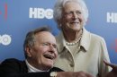 FILE - In a Tuesday, June 12, 2012 file photo, former President George H.W. Bush, and his wife former first lady Barbara Bush, arrive for the premiere of HBO's new documentary on his life near the family compound in Kennebunkport, Maine. Former President Bush has been hospitalized for about a week in Houston for treatment of a lingering cough. Bush's chief of staff, Jean Becker, says the 88-year-old former president is being treated for bronchitis at Houston's Methodist Hospital and is expected to be released by the weekend. He was admitted Friday, Nov. 23, 2012. (AP Photo/Charles Krupa, File