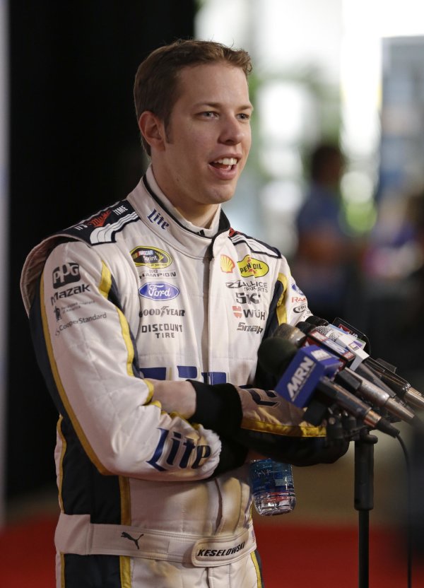 Driver Brad Keselowski answers questions during NASCAR auto racing ...