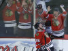Chicago Blackhawks center Andrew Shaw (65) reacts after scoring a goal against the Los Angeles Kings during the first period in Game 2 of the NHL hockey Stanley Cup Western Conference finals Sunday, June 2, 2013 in Chicago. (AP Photo/Charles Rex Arbogast)