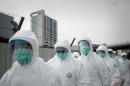 Health officials in masks and protective suits proceed to cull chickens in Hong Kong, after the deadly H7N9 bird flu virus was discovered in poultry imported from mainland China, on January 28, 2014