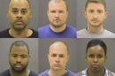 This photo provided by the Baltimore Police Department on Friday, May 1, 2015 shows, top row from left, Caesar R. Goodson Jr., Garrett E. Miller and Edward M. Nero, and bottom row from left, William G. Porter, Brian W. Rice and Alicia D. White, the six police officers charged with felonies ranging from assault to murder in the death of Freddie Gray. (Baltimore Police Department via AP)