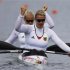 Germany's Franziska Weber and Tina Dietze react after competing in the women's kayak double (K2) 500m semifinal at the Eton Dorney during the London 2012 Olympic Games