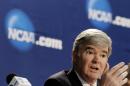 NCAA President Mark Emmert answers a question at a news conference Sunday, April 6, 2014, in Arlington, Texas. (AP Photo/Eric Gay)