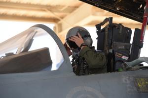 A Saudi pilot sits in a F-15 fighter jet at the Khamis &hellip;