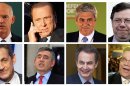 This combination of Associated Press file photos shows, from top left, former Greek Prime Minister George Papandreou, former Italian premier Silvio Berlusconi, former Portugal interim Prime Minister and Socialist Party leader Jose Socrates, former Irish Prime Minister Brian Cowen, former French President Nicolas Sarkozy, former British Prime Minister Gordon Brown, former Spain Prime Minister Jose Luis Rodriguez Zapatero, and Chairman Timo Soini of the True Finns. When Nicolas Sarkozy was defeated Sunday, May 6, 2012, in France's presidential runoff by Socialist challenger Francois Hollande, he joined a series of European leaders booted from office because of public anger over austerity measures and economic crisis. Almost every crisis-hit European country that has held an election since disaster struck in 2009 has thrown out its leader. (AP Photo/File)