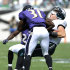 FILE - In this Sept. 16, 2012, file photo, Philadelphia Eagles tight end Brent Celek, right, is tackled by Baltimore Ravens strong safety Bernard Pollard during the first half of an NFL football game in Philadelphia. Pollard likes to talk and loves to hit. The hard-tackling safety used the latter talent to push the Baltimore Ravens past New England and into the Super Bowl. (AP Photo/Michael Perez, File)