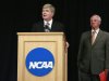 NCAA President Emmert speaks near Executive Committee Chairman Ray at NCAA headquarters in Indianapolis