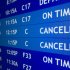 Two flights to Boston are listed as canceled at Philadelphia International Airport, Friday, Feb. 8, 2013, in Philadelphia.   Airlines have already canceled more than 2,700 Friday flights as they get ready for a storm that threatens to dump up to 3 feet of snow from New York City to Boston. Flight-tracking website FlightAware shows 728 cancellations at the three big airports in the New York area. Another 191 flights to or from Boston have been scrubbed, and 137 in Toronto. (AP Photo/Matt Rourke)