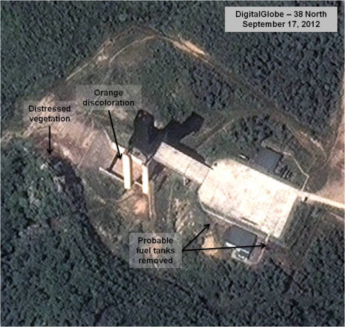 This Sept. 17, 2012 satellite image provided by DigitalGlobe and annotated by the U.S.-Korea Institute at Johns Hopkins School of Advanced International Studies, 38 North, shows a facility in Sohae, North Korea where analysts believe rocket engines have been tested in a sign North Korea continues to develop its long-range ballistic missiles. The analysis provided to The Associated Press is based on satellite images taken as recently as late September of the Sohae site on the secretive country's northwest coast. In April, the North conducted a failed attempt to launch a rocket from there carrying a satellite into space in defiance of a U.N. ban. The website of the U.S.-Korea Institute at SAIS said Monday Nov. 12, 2012 that it remains unclear whether the North is preparing a rocket launch but predicted it may embark on new rocket and nuclear tests in the first half of 2013. (AP Photo/DigitalGlobe/ U.S.-Korea Institute at SAIS)