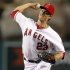 Angels Greinke delivers pitch against Rangers during the first inning of their MLB baseball game in Anaheim