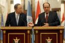 Iraqi Prime Minister Nouri al-Maliki, right, and United Nations Secretary-General Ban Ki-moon, left, during a news conference in Baghdad, Iraq, Monday, Jan. 13, 2014. The U.N. chief expressed deep concerns Monday over the deteriorating security situation in Iraq as an unprecedented standoff is underway between Iraqi troops and al-Qaida-linked militants in western Anbar province.(AP Photo/Ahmed Saadi, Pool)