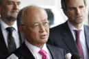 Director General of the International Atomic Energy Agency, IAEA, Yukiya Amano from Japan speaks to the media after returning from Iran at the Vienna International Airport near Schwechat, Austria, on Tuesday, May 22, 2012. Amano says he has reached a deal with Iran on probing suspected work on nuclear weapons and adds that the agreement will 