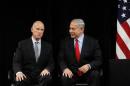 Israel's PM Netenyahu and California Governor Brown talk prior to their speeches at the Computer History Museum in Mountain View