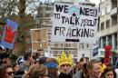 Demonstrators carry placards as they gather for an anti-fracking protest in London on March 19, 2014