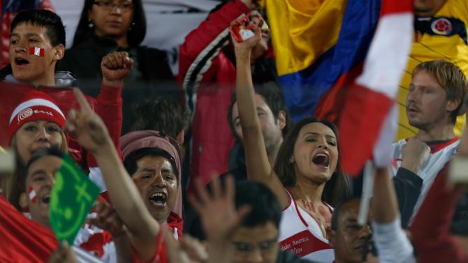 Fans of Peru cheer their team prior a Copa America semifinal soccer match between Chile and Peru at the National Stadium in, Santiago, Chile, Monday, June 29, 2015. (AP Photo / Luis Hidalgo)