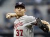 Washington Nationals starting pitcher Stephen Strasburg works against the San Diego Padres in the first inning of a baseball game in San Diego, Thursday, May 16, 2013. (AP Photo/Lenny Ignelzi)
