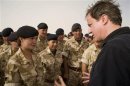 Britain's Prime Minister Cameron speaks to British forces at Camp Bastion in Helmand Province