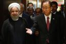 United Nations Secretary-General Ban Ki-moon (R) meets with Hassan Rouhani, President of Iran on September 26, 2015, at the United Nations in New York