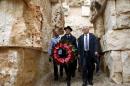 Head of the Austrian Freedom Party Strache holds a wreath during a ceremony at "The Valley of the Communities" at Yad Vashem's Holocaust History Museum in Jerusalem