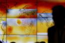 A participant is pictured in front of a screen projecting a world map with climate anomalies during the World Climate Change Conference 2015 (COP21) at Le Bourget