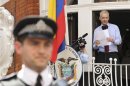 Wikileaks founder Julian Assange speaks to the media outside the Ecuador embassy in west London