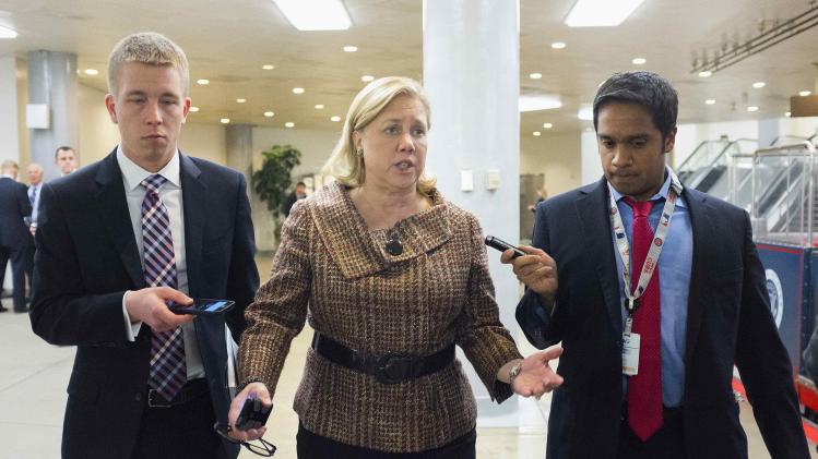 Senator Mary Landrieu (D-LA) speaks to reporters after the Democratic weekly policy luncheon on Capitol Hill
