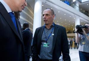 Greek Finance Minister Yanis Varoufakis speaks with &hellip;