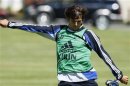 Japan's forward Mike Havenaar lines up a shot during practice for the FIFA U20 World Cup soccer tournament in Victoria