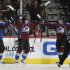 Colorado Avalanche center Matt Duchene, center, celebrates after scoring a goal with defenseman Shane O'Brien, left, and right wing PA Parenteau against the Chicago Blackhawks in the second period of an NHL hockey game in Denver, Friday, March 8, 2013. (AP Photo/David Zalubowski)