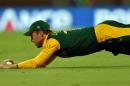 South Africa's captain AB de Villiers takes a catch during their 2015 Cricket World Cup Pool B match against the West Indies at the Sydney Cricket Ground on February 27, 2015 in Australia
