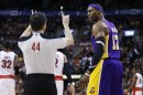 Los Angeles Lakers' Howard complains about a call to the referee during their NBA game against Toronto Raptors in Toronto