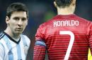 Lionel Messi of Argentina, left, stands next to Cristiano Ronaldo of Portugal before their International Friendly soccer match at Old Trafford Stadium, Manchester, England, Tuesday Nov. 18, 2014. (AP Photo/Jon Super)