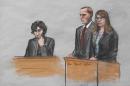 A courtroom sketch shows Boston Marathon bomber Dzhokhar Tsarnaev seated as Bill and Denise Richards give testimony during his sentencing in Boston