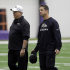 Baltimore Ravens head coach John Harbaugh, right, chats with defensive coordinator Dean Pees after NFL football practice at the team's training facility in Owings Mills, Md., Friday, Jan. 25, 2013. The Ravens are scheduled to face the San Francisco 49ers in Super Bowl XLVII in New Orleans on Sunday, Feb. 3. (AP Photo/Patrick Semansky)