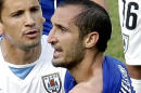 Italy's Giorgio Chiellini displays his shoulder showing apparent teeth marks after colliding with the mouth of Uruguay's Luis Suarez during the group D World Cup soccer match between Italy and Uruguay at the Arena das Dunas in Natal, Brazil, Tuesday, June 24, 2014. (AP Photo/Hassan Ammar)