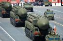 Russia's Yars RS-24 intercontinental ballistic missiles on display during the Victory Day parade in Moscow on May 9, 2015