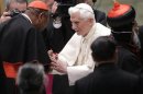 Pope Benedict XVI greets new Cardinal Olorunfemi Onaiyekan of Nigeria during a special audience at the Vatican