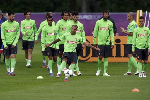 Portugal's national team players attend a training session during the Euro 2012 soccer tournament in Opalenica