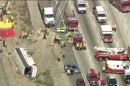 Raw: Bus Overturns on 210 Freeway in Irwindale; Dozens Injured