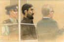 In this courtroom sketch, Raed Jaser appears in court in Toronto on Tuesday, April 23, 2013. Jaser, 35, and Chehib Esseghaier, 30, were arrested and charged Monday in what the RCMP said was the first known al-Qaida terror plot in Canada. (AP Photo/The Canadian Press, John Mantha)