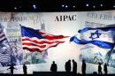 Workers prepare the stage at the American Israel Public Affairs Committee (AIPAC) policy conference in Washington