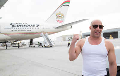 Vin Diesel welcomes Etihad Airways Flight 171 as it arrives at LAX from Abu Dhabi on the afternoon of March 18. The Fast & Furious 777 airliner's arri...