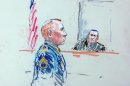 CORRECTS SPELLING OF ARTIST'S LAST NAME TO MILLETT INSTEAD OF MILLET - In this courtroom sketch, Staff Sgt. Robert Bales, left, appears before Judge Col. Jeffery Nance in a courtroom at Joint Base Lewis-McChord, Wash. on Tuesday, Aug. 20, 2013, during a sentencing hearing in the slayings of 16 civilians killed during pre-dawn raids on two villages on March 11, 2012. Haji Mohammad Naim, an Afghan farmer shot during a massacre in Kandahar Province last year, took the witness stand Tuesday against Bales, who attacked his village, cursing him before breaking down and pleading with the prosecutor not to ask him any more questions. (AP Photo/Peter Millett)