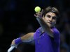 Roger Federer of Switzerland serves to David Ferrer of Spain during their ATP World Tennis Finals singles match in London Thursday, Nov. 8, 2012. (AP Photo/Kirsty Wigglesworth)