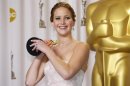 Jennifer Lawrence, best actress winner for her role in "Silver Linings Playbook," poses with her Oscar backstage at the 85th Academy Awards in Hollywood