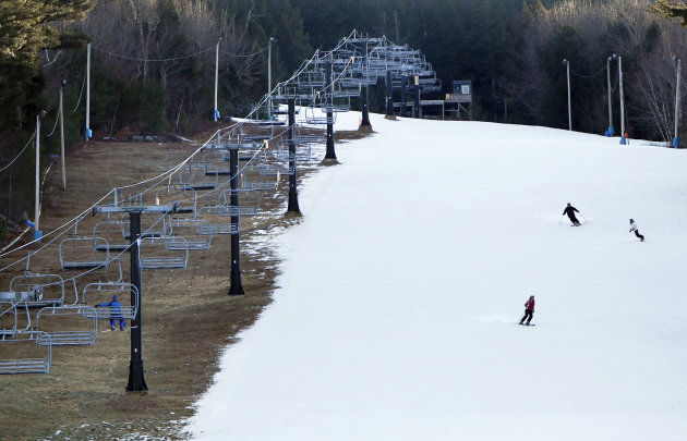 FILE - In this Jan. 5, 2012 file photo, man-made snow coats a ski run next to barren ground under a chairlift at Shawnee Peak ski area in Bridgton, Maine. Scientists point to both scant recent snowfall in parts of the country and this month's whopper of a Northeast blizzard as potential global warming signs. It may seem like a contradiction, but the explanation lies in atmospheric physics. (AP Photo/Robert F. Bukaty)